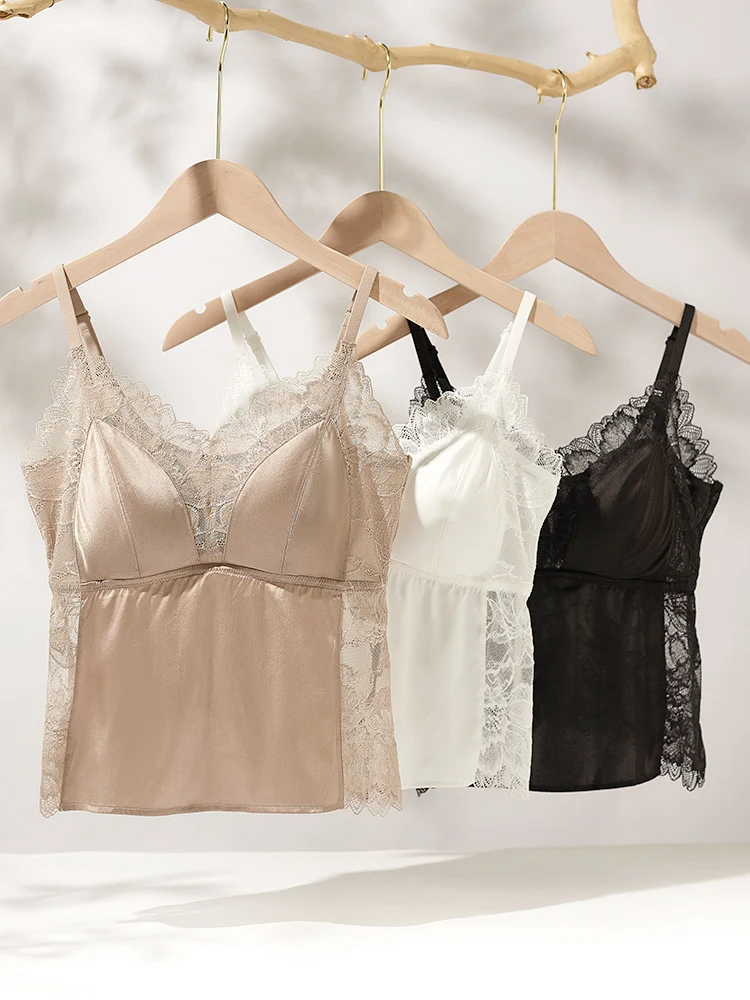 SuyaDream,Women Silk Lace Bras, 93%Silk 7%Spandex, Wire Free, Thin Padded Bra, 2025 New Cozy Camisoles, Black, White