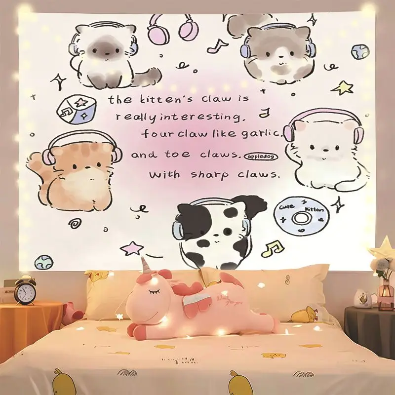 VIKAMA Cute Cartoon Animal Wall Hanging, Light Pink Hand-Painted Angel Rabbit, Bear, and Puppy Print Wall Hanging, Home Decor