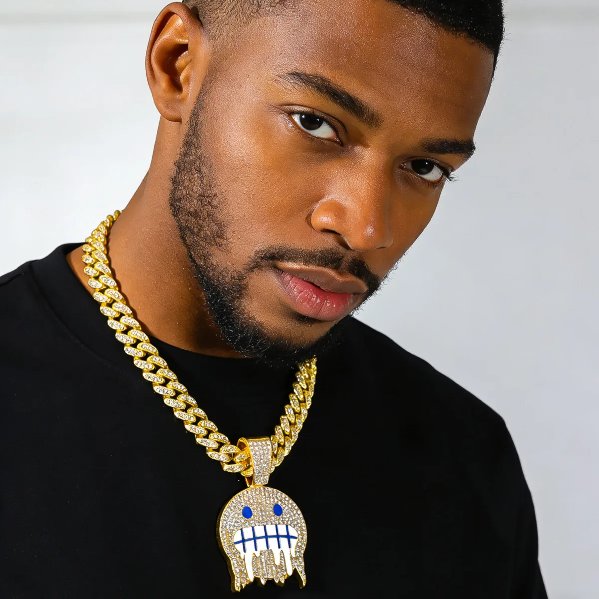 Men White Blue Cubic Zirconia Paved Hip Hop Round Face Pendants Necklaces with Cuban Chain Iced Out Bling  Fashion Boy Jewelry