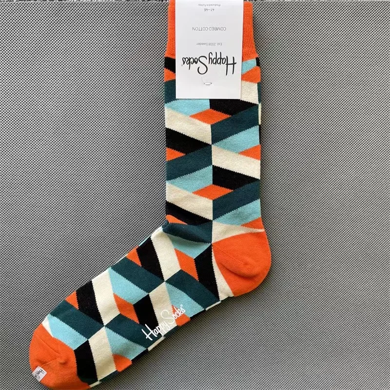 Happy Socks Men\'s Diamond Check Socks Four Seasons Pure Cotton Geometric Pattern Sports Socks Size 41-46