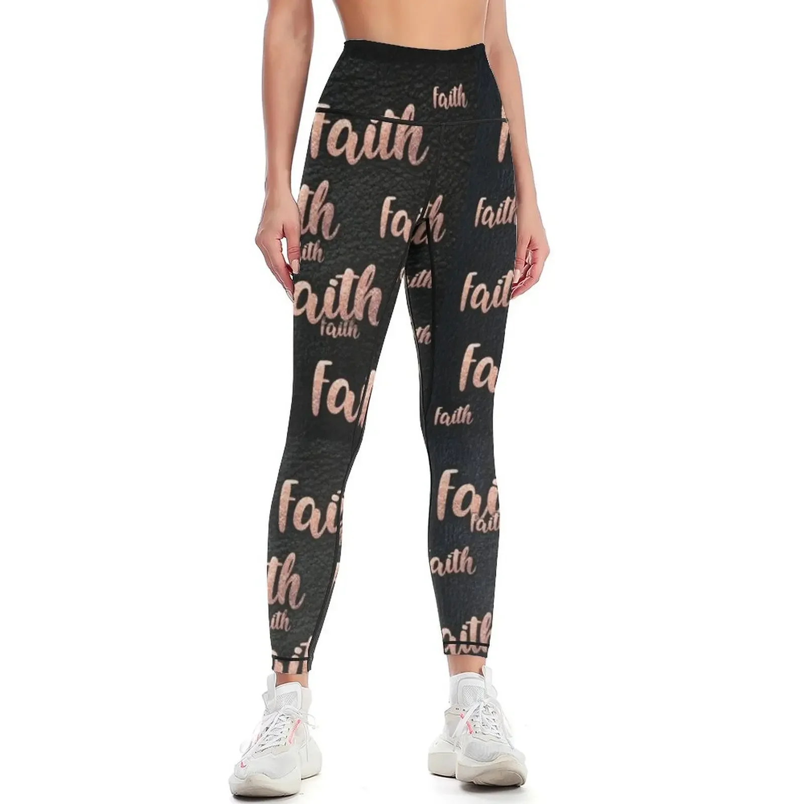 

Faith all over black leather rose gold letters Leggings fitness set gym workout shorts jogging pants Womens Leggings