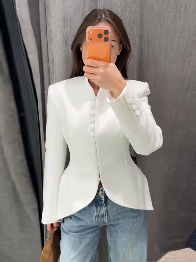 Einreihiger Taillierter Meerjungfrauen-Anzug Blazer für Damen Eleganter V-Ausschnitt Langarm Einfarbiger Schlanker Mantel Modische Damen-Oberbekleidung Neu – Detail 14