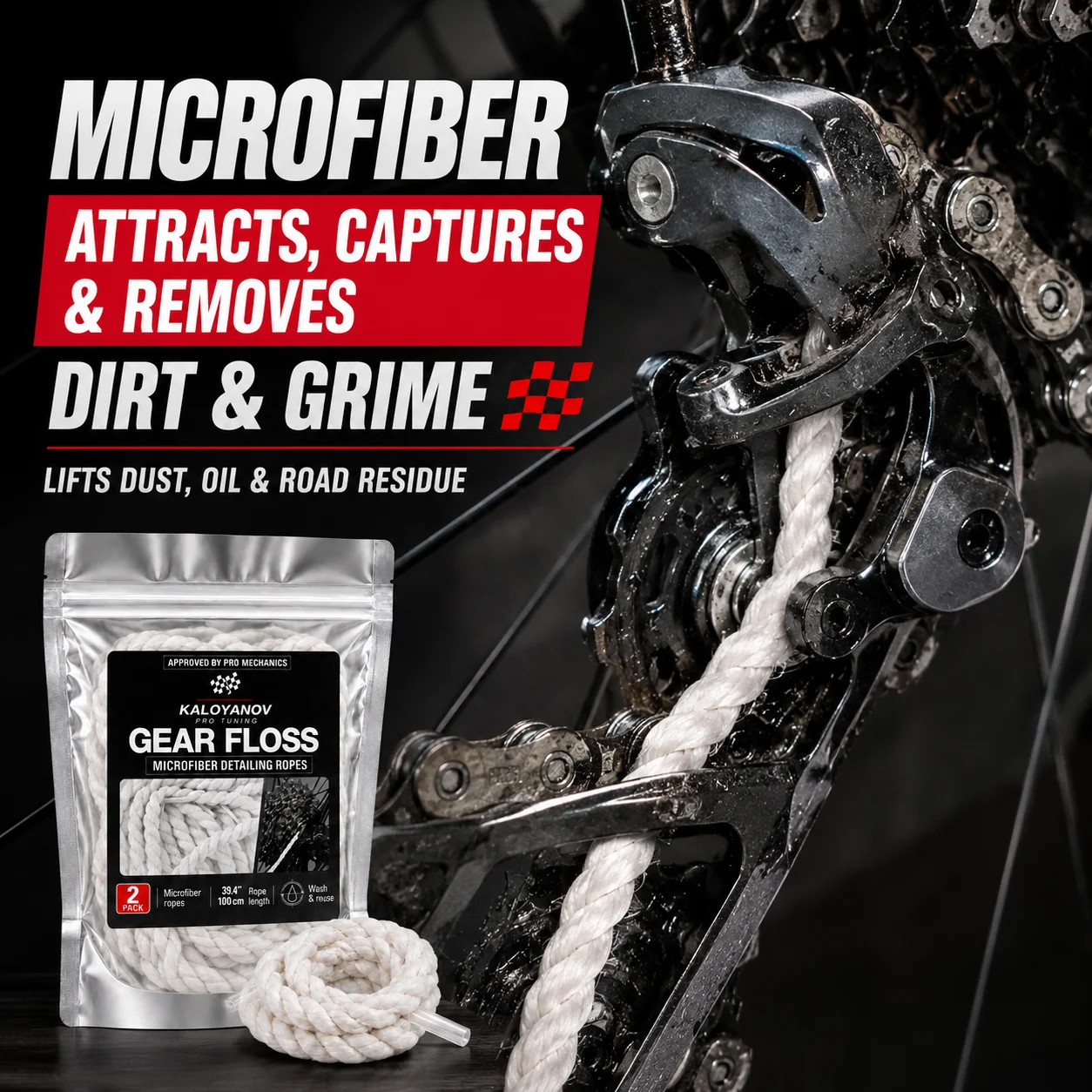 2x Bike Gear Floss Microfiber Cleaning Rope Bicycle Chain Cleaner Cassette Sprocket Detailing Tool MTB Cycling Maintenance Kit