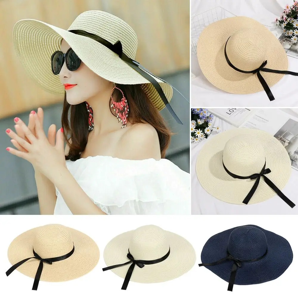 Women Floppy Straw Big Wide Brim Foldable Sun Hat Straw Cap Beach Hat Summer Bow Cap