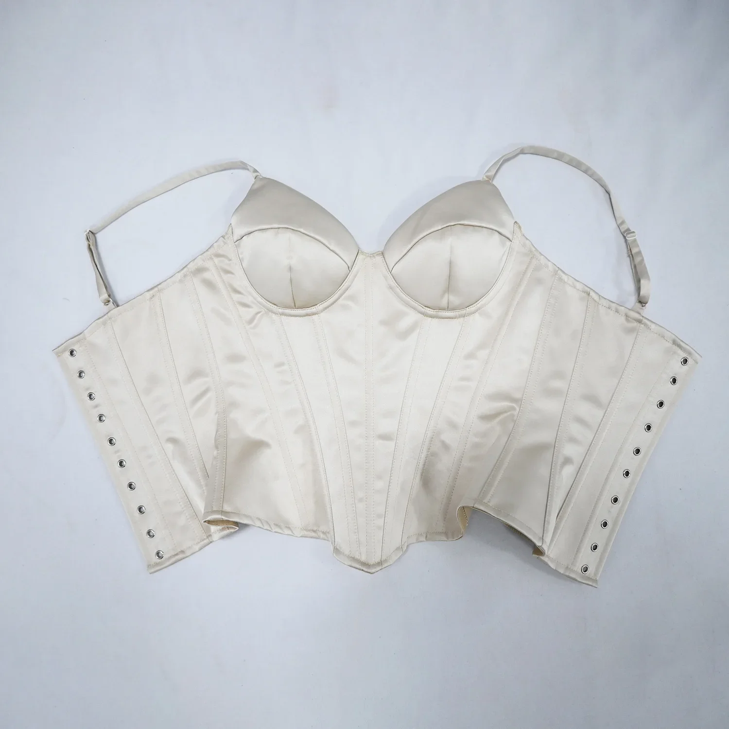 Women Satin Wedding Corset With Strap Double Layer Bustier Big Cups Lace Up Boned Waist Trainer Shaping Top