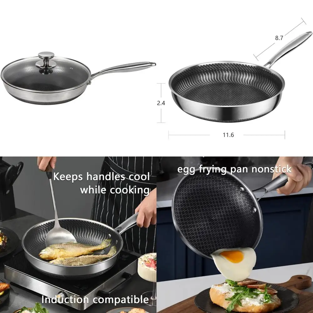 

Nonstick Stainless Steel Pan with Glass Lid, 11.6 Inch PFOA-Free, Cool Handle, Easy Clean, Suitable for Induction Cooktops