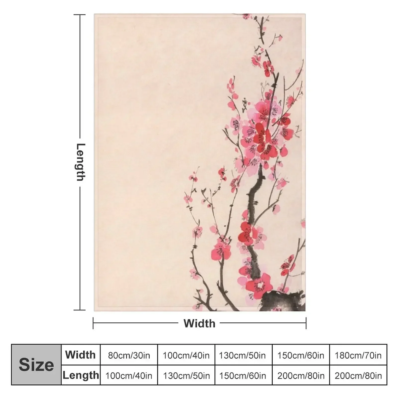 Japanese sumi-e ink painting of an iconic plum blossom branch with red flowers on beige background art print Throw Blanket