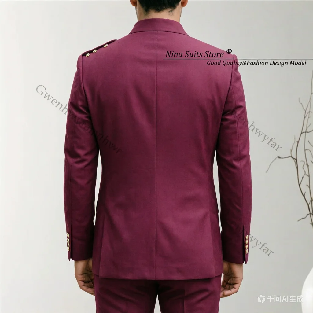 Gwenhwyfar 2025 African Style Burgundy Suit Men's 2-piece Set Customized Stand Collar Jacket with Black Satin Stripe on Pocket