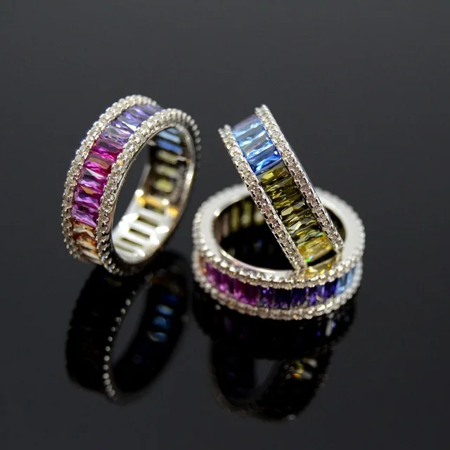 Wholesale Women Band Ring With Silver Color Multi Color Zirconia Wedding Rainbow Cz Ring Paved Colorful Full Cz Stacking Rings