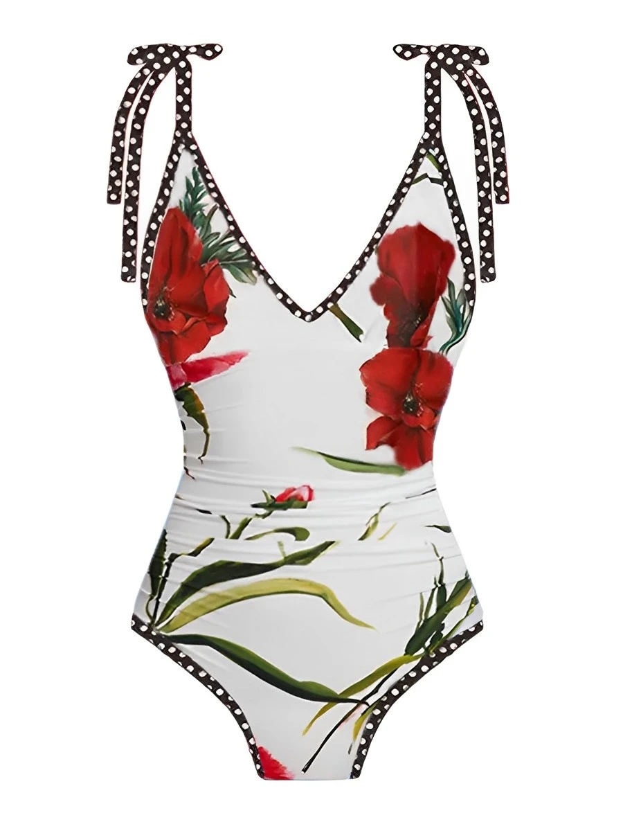 

2024 String Floral Print Swimsuit Womeon One Piece Swimwear Female Beachwear Bathers Bathing Swimming Swim Suit