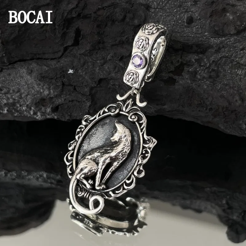 BOCAI New S925 Silver Vintage Niche Fashionable Purple Zirconia Rose Fishtail Buckle Round Card Cat Pendant Female Gift