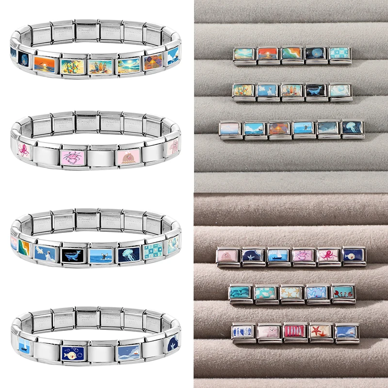 Original Blue Ocean Series Boat Jellyfish Shell Whale Sunset Italian Charm Fit 9mm Stainless Steel Bracelet DIY Making Jewelry