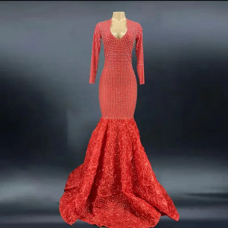 Vestido de mujer con diamantes de imitación rojos, vestido de noche Sexy para baile de graduación, vestido de tren para celebración de cumpleaños, bailarina y cantante