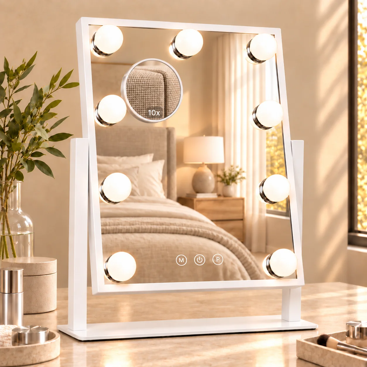 9-Bulb Hollywood Vanity Mirror, 3 Color Modes, Dimmable Touch Control, Memory, 360° Rotation, 10X Mirror, 12x13.5 Inch