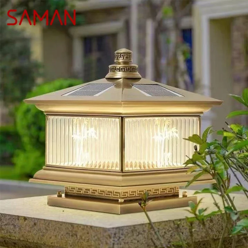 Saman เสาไฟพลังงานแสงอาทิตย์กลางแจ้ง, เสาไฟ LED ทองเหลืองจีนสร้างสรรค์สไตล์วินเทจ IP65กันน้ำสำหรับบ้านวิลล่าลานบ้าน