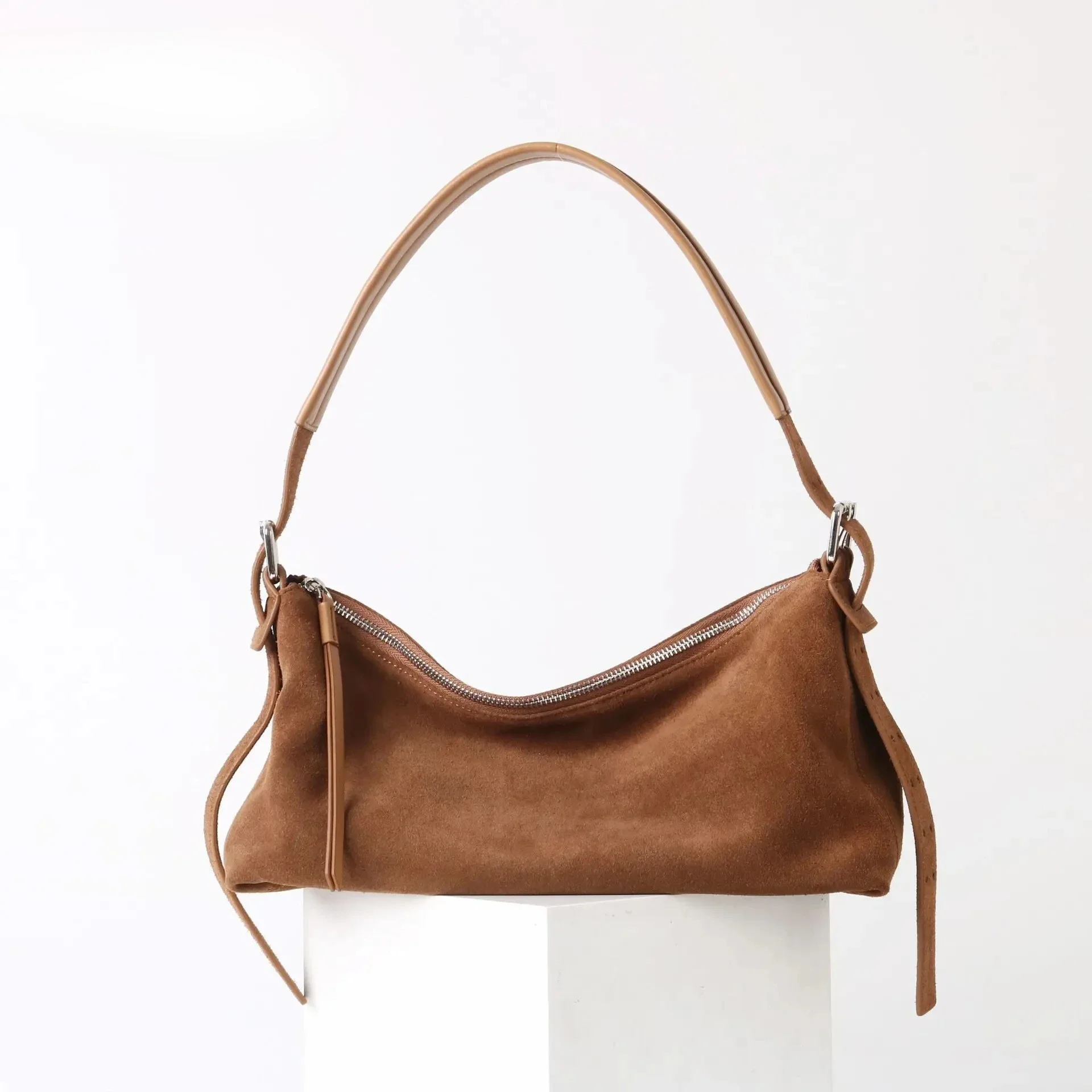 2026 Shoulder Bag Real Suede Leather Female Handbag Matte Kakhi Color Hobo Tote Winter Luxury Double-breasted Strap Women Armpit