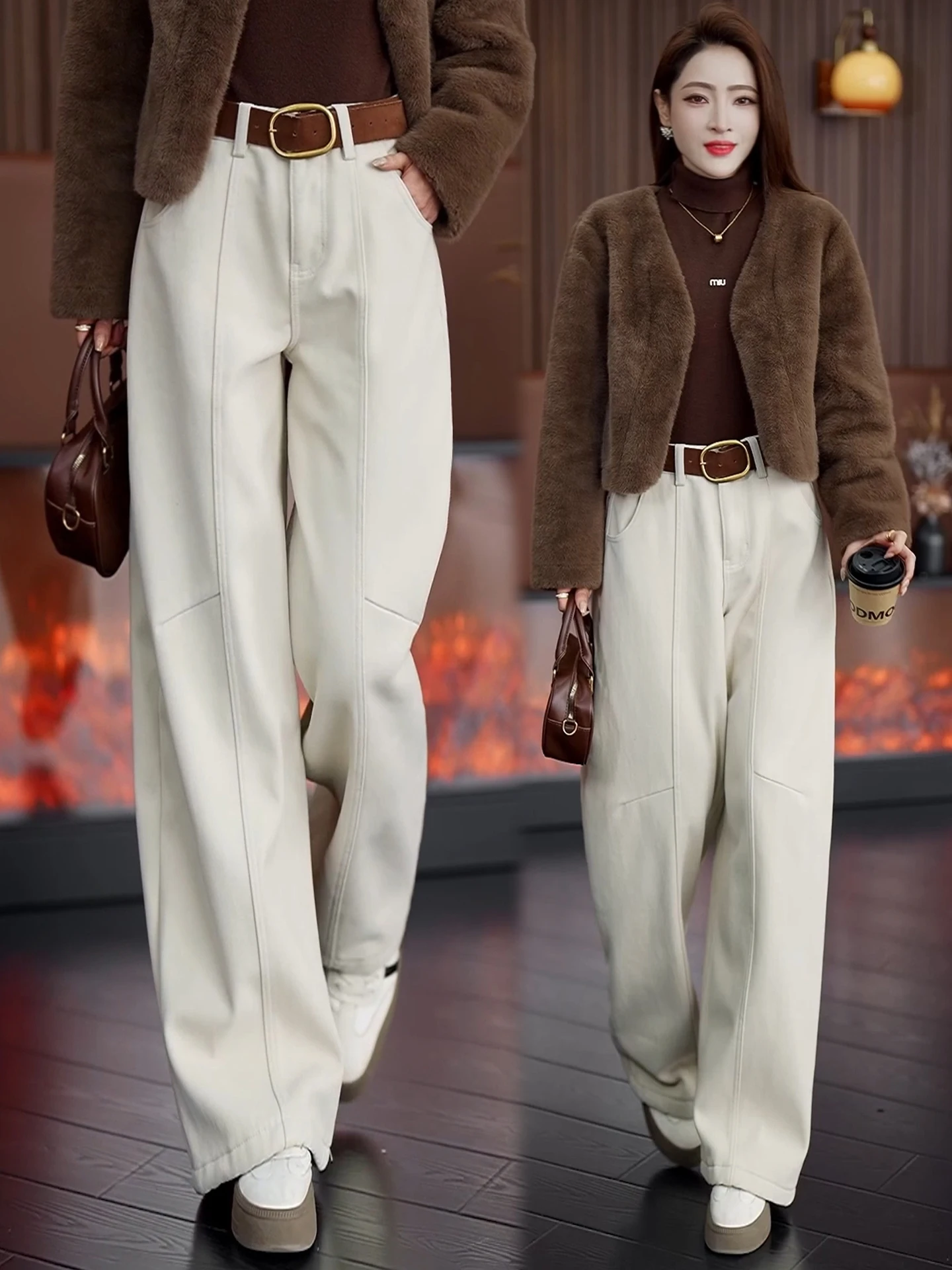 

High Waist Loose Casual Fleece Lined Wide Leg Jeans Women's Autumn Winter New Style Knife Denim Pants Slimming Effect