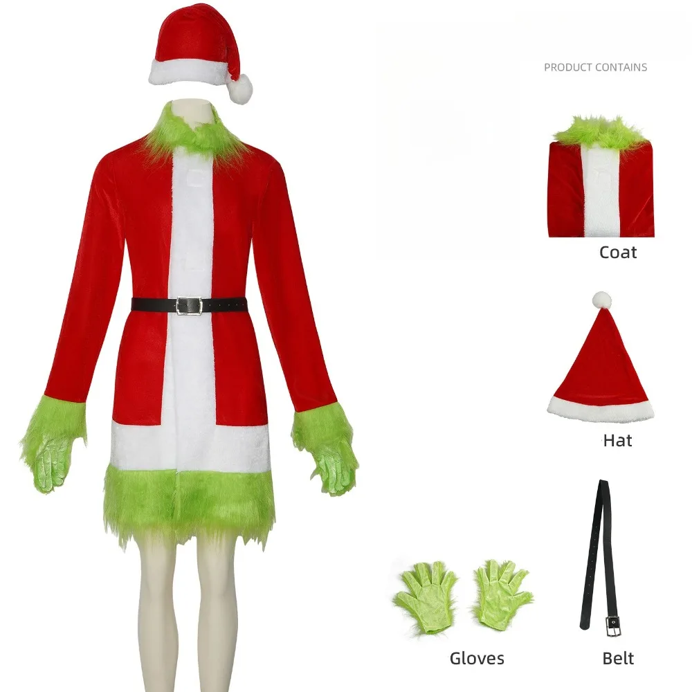 

Christmas Green Monster Costume for Women Santa Claus Cosplay Dress Xmas Elf Disguise Party Outfit with Belt Carnival Dress Up