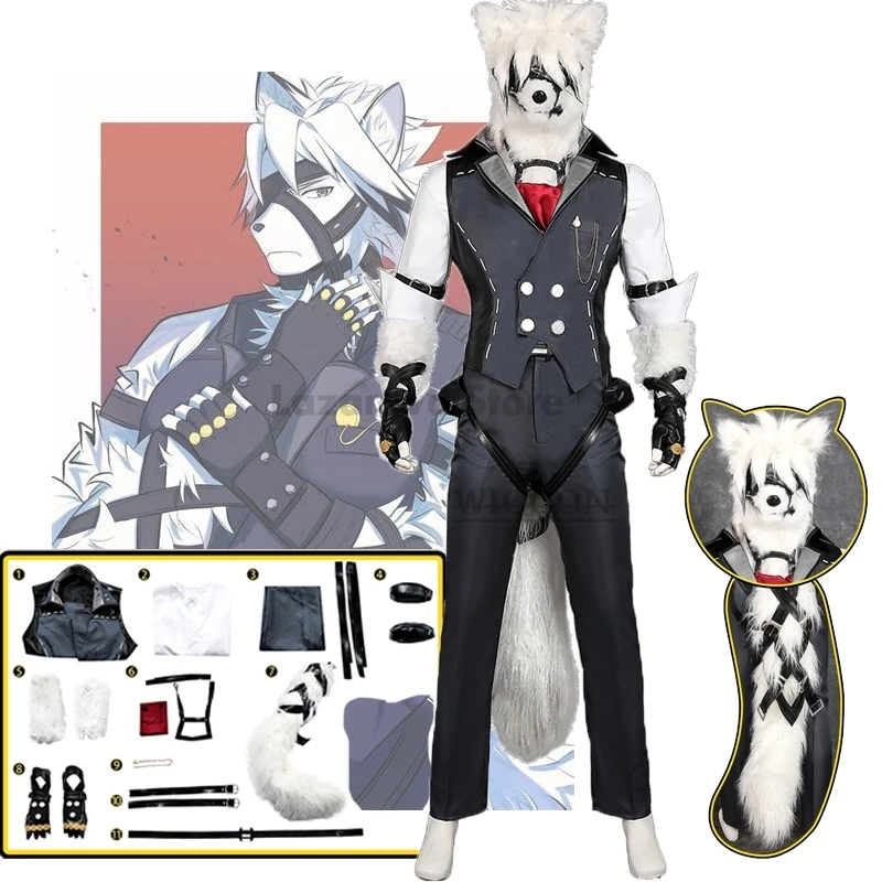 

Game Zenless Zone Zero cos Von Lycaon Cosplay Costume Fursuit Battle Uniforms Furry Animal wolf Mask Tail fursuiter roleplaying