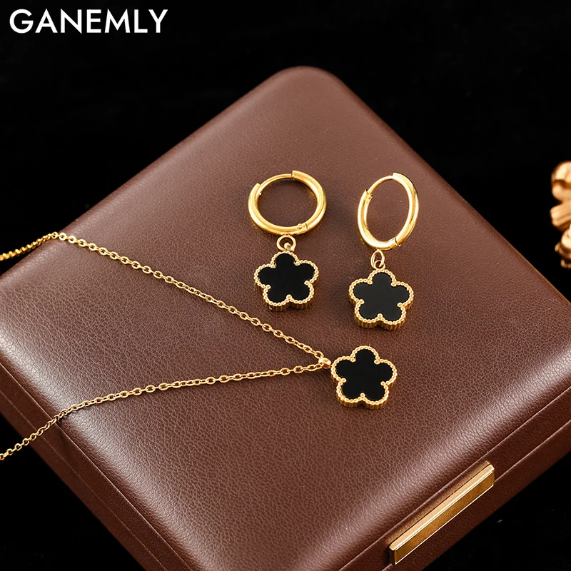 

GANEMLY 316L Stainless Steel Black Clover Petals Necklace Earrings Set For Women Fashion Two-Sided Dangle Chain Flower Jewelry