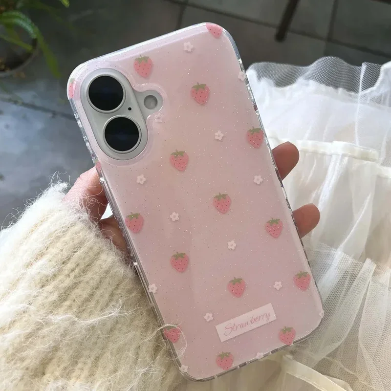 الكورية لطيف الوردي الفراولة زهرة Kawaii الحب جراب هاتف آيفون 16 15 14 13 12 11 برو ماكس XR XS ماكس 7 8 زائد غطاء Y2K صغير