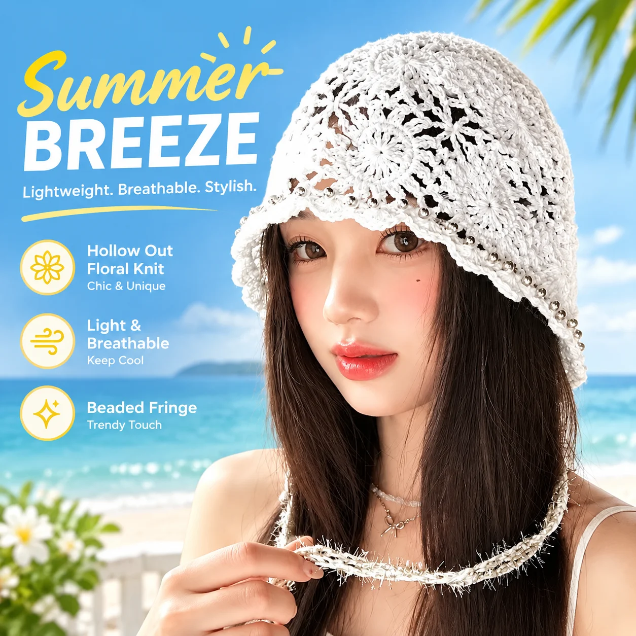 White Hollow Out Flower Beaded Fringe Knitted Bucket Hat for Women Breathable Trendy Summer Headwear