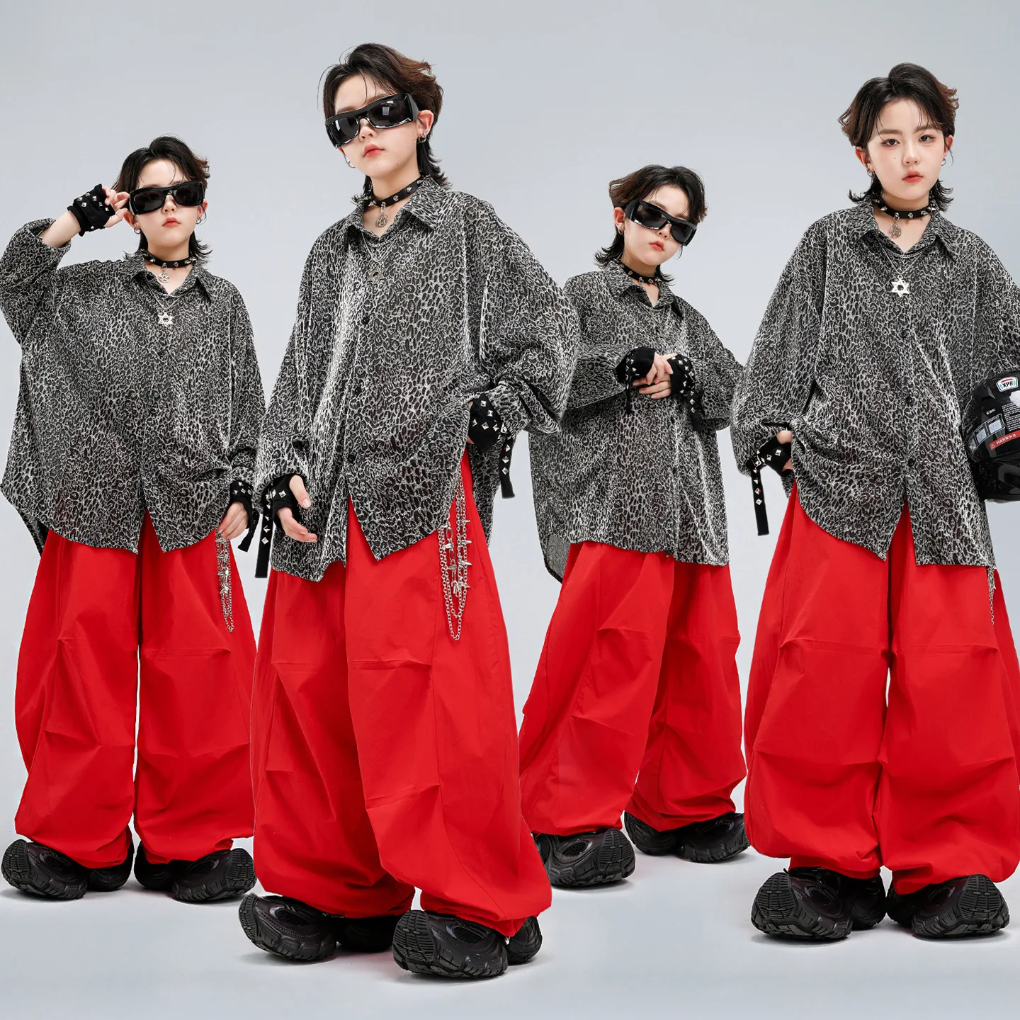 Girl Boy Kpop Hip Hop Clothing Silver Leopard Print Long Sleeve Shirt Red Casual Parachute Pants for Kids Dance Costumes Clothes