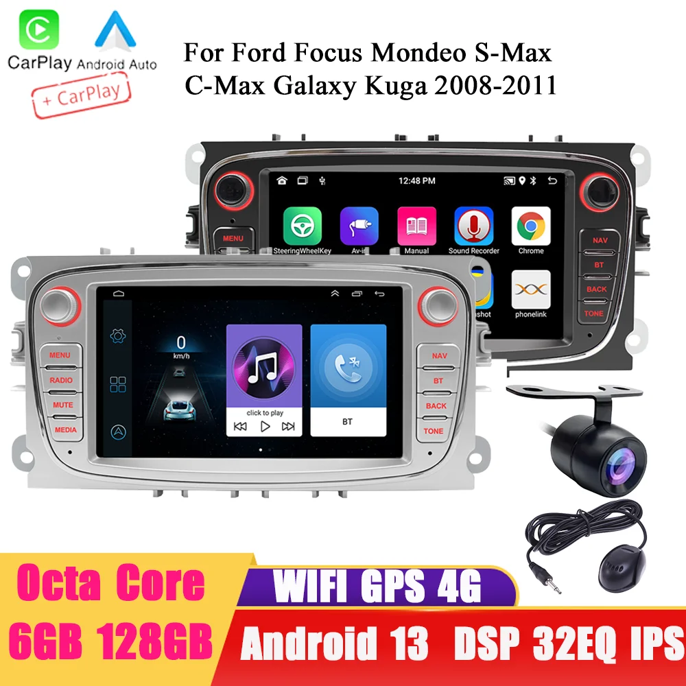 

BQCC 7" Android 13 Octa Core GPS WIFI 4G Navigation Carplay Car Stereo For Ford Focus Mondeo S-Max C-Max Galaxy Kuga 2008-2011
