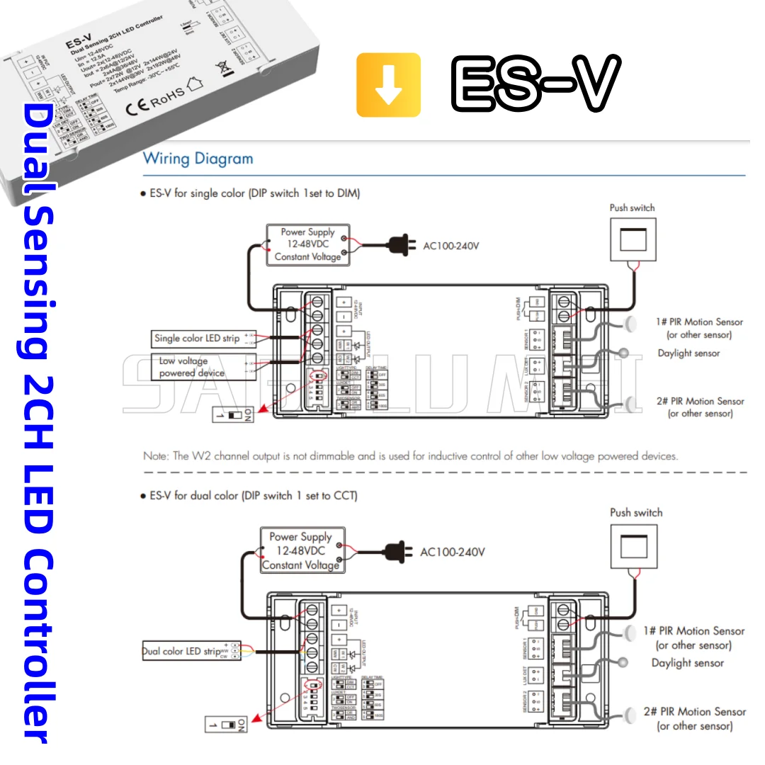 skydance-12-48vdc-es-v-デュアルセンシング-2ch-led-コントローラー単色-cct-ストリップ用階段照明寝室リビングルームに適用