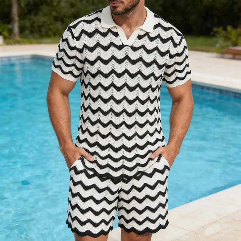 

2026 Mens Wavy Hollow Short Sleeve Top Sports Shorts Set Casual European American Summer Breathable Two Piece Outfit Beachwear