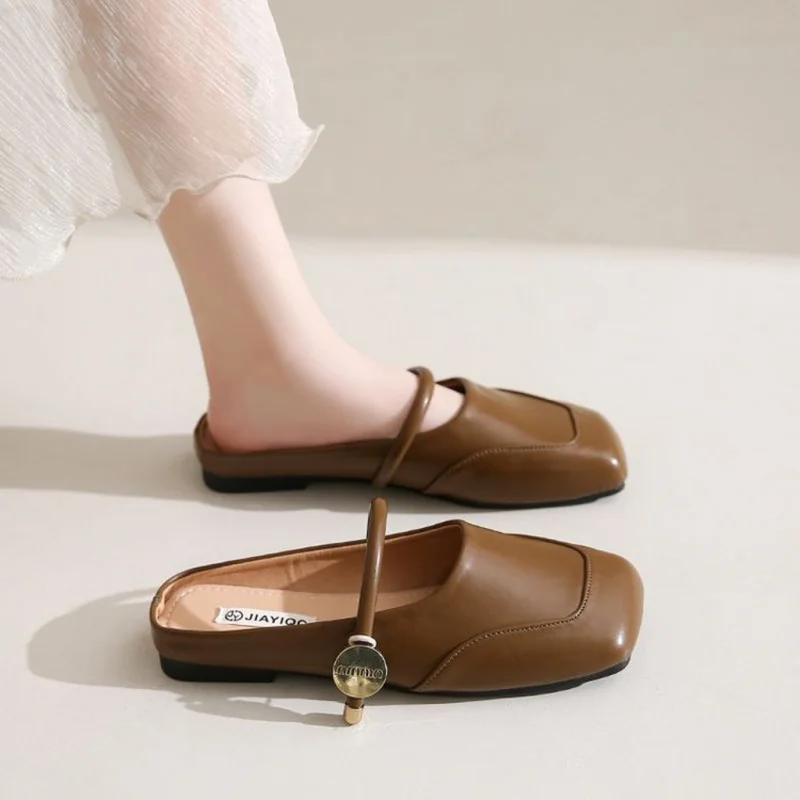

New French-style square-toed women's mules for summer and autumn Comfortable and casual flat mules Elegant sandals for outdoor w