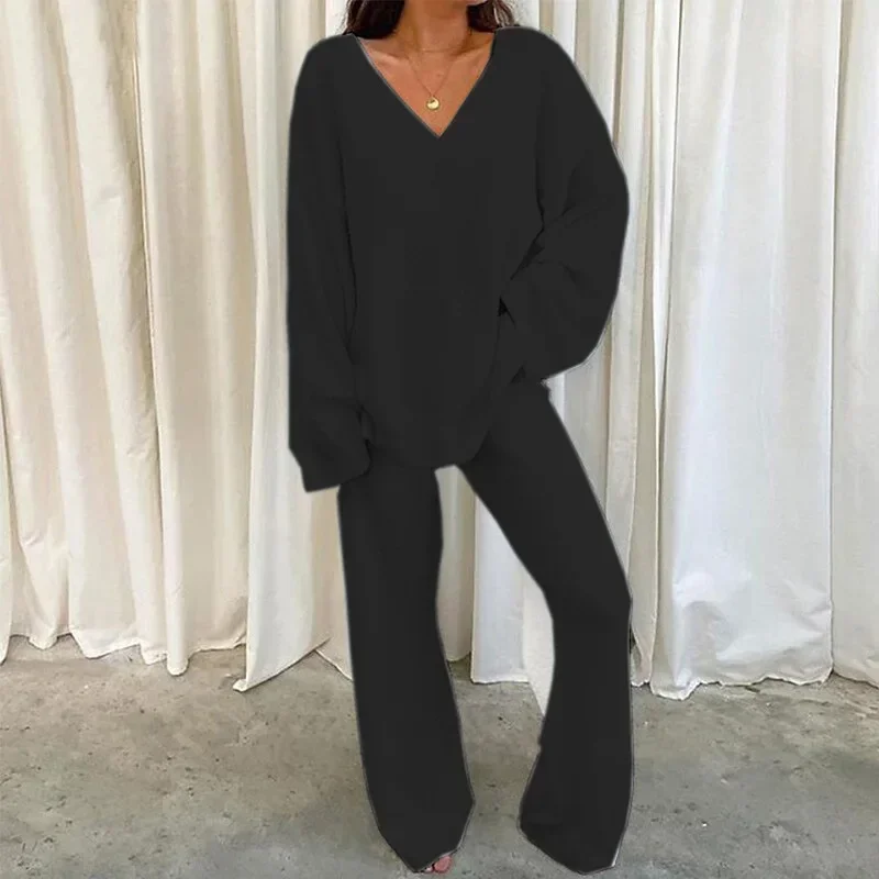 2026 Women's Pajamas 2PCS Sets Solid V Neck Long Sleeve Tops Pants Matching Sets Autumn Winter Casual Home Wide Leg Trousers Set