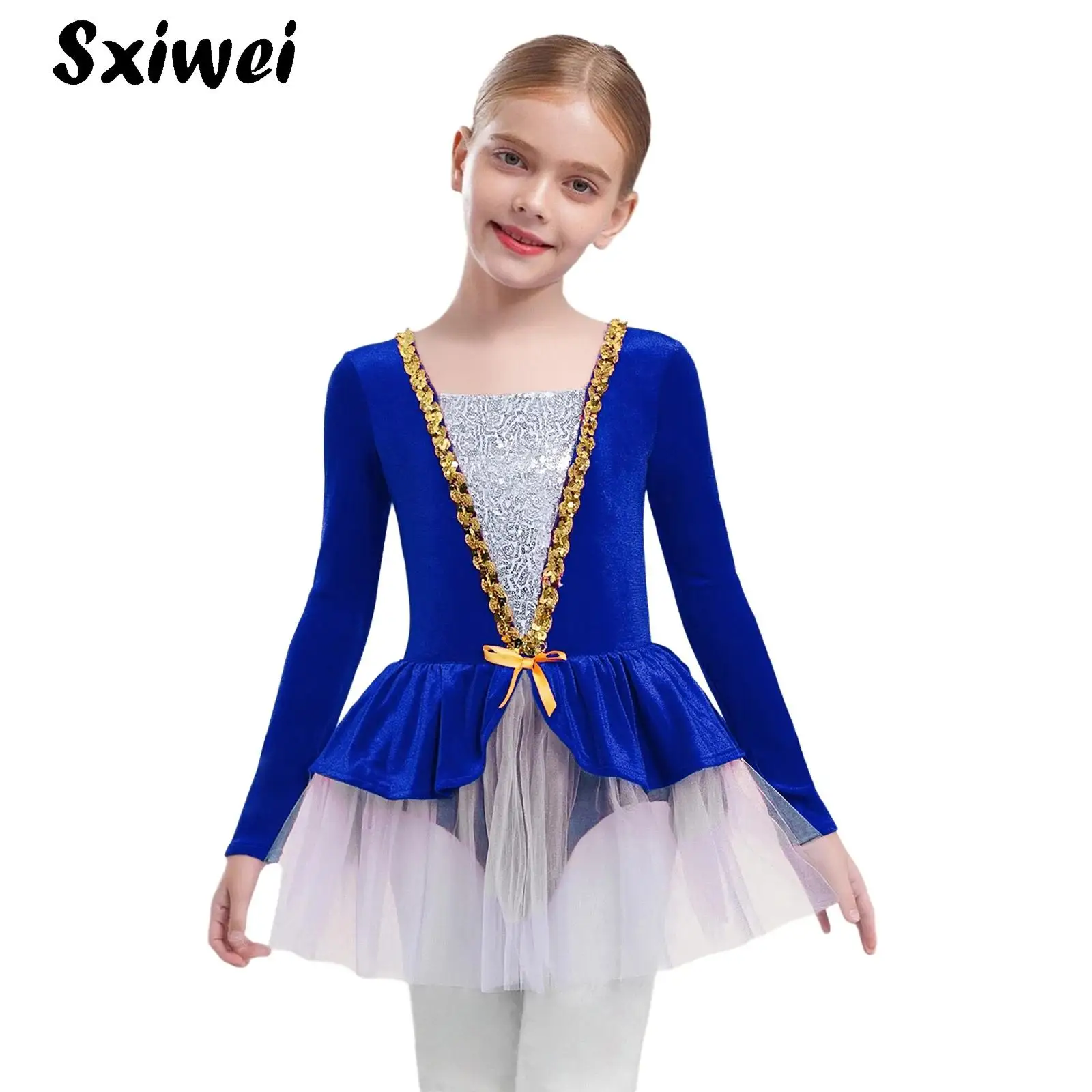Girls Ballet Dance Dress Figure Skating Gymnastic Leotard Tutu Skirt Dance Recitals Christmas Sequin Velvet Princess Party Dress