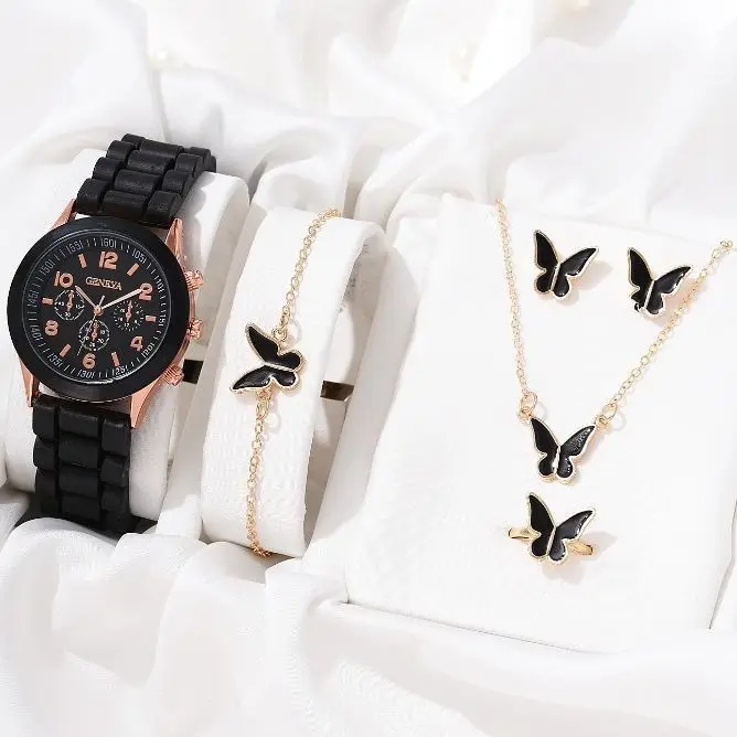 Luxury Watch Women Necklace Earrings Bracelet Set Watches Butterfly Silicone Strap Ladies Quartz Wristwatch Bracelet No Box