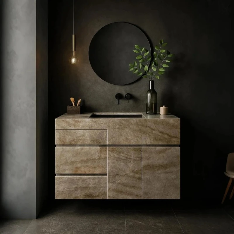 Modern Beige Travertine Bathroom Sink with Drawer Floating Natural Stone Vanity Bathroom Decor