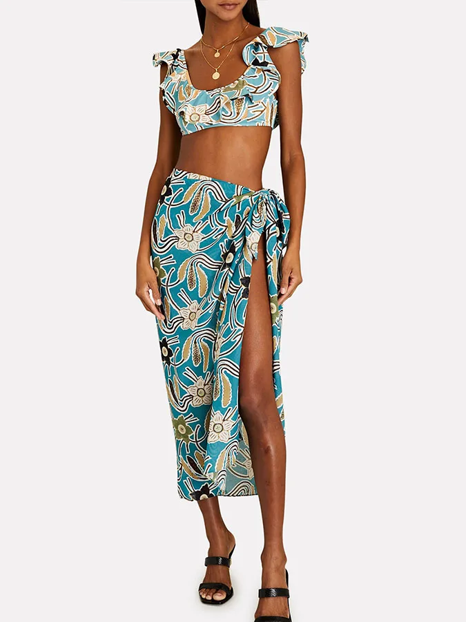 Lichtblauwe Bloemenprint Bikini Voor Dames Mode Badmode Zomer 1 Stuk Badpak En Sarong Badpakken Strandstijl Sexy 2023