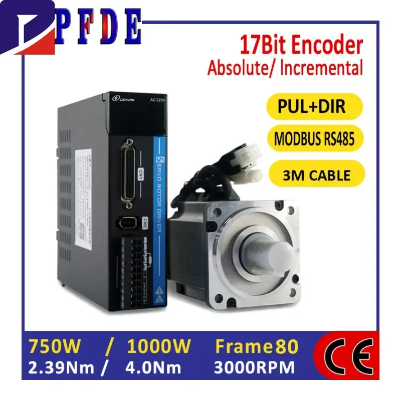 17bit Incremental Encoder AC220V 750W Servo Motor 2.4NM 3000rpm or 1KW AC Servo Motor 3.2Nm 3000rpm with Driver AC220V CNC