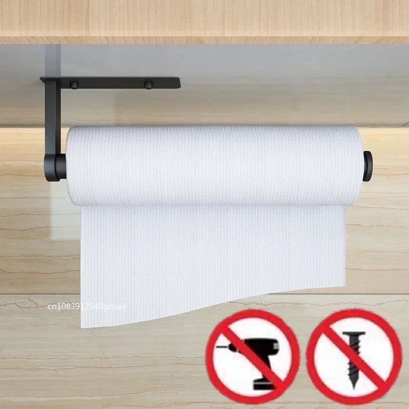 

Kitchen Carbon Steel Paper Towel Holder No Punch Cabinet Paper Shelf Household Roll Paper Hanger Plastic Wrap Rag Storage Rack