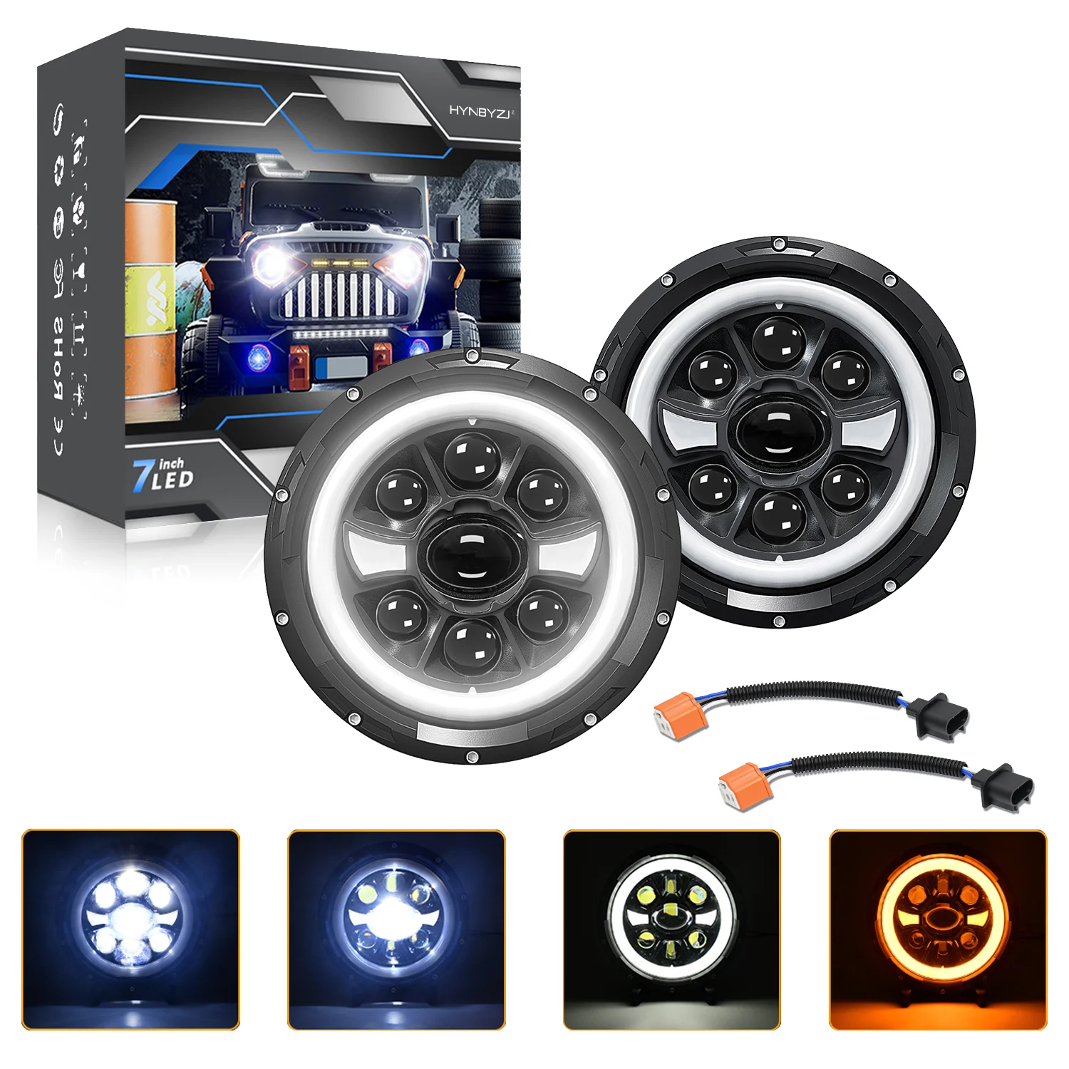HYNBYZJ 7 inch LED Headlight Halo Ring with Hi/Lo Beam Angel Eyes DRL Amber Turn Signal for Offroad Jeep Wrangler JK TJ CJ Moto