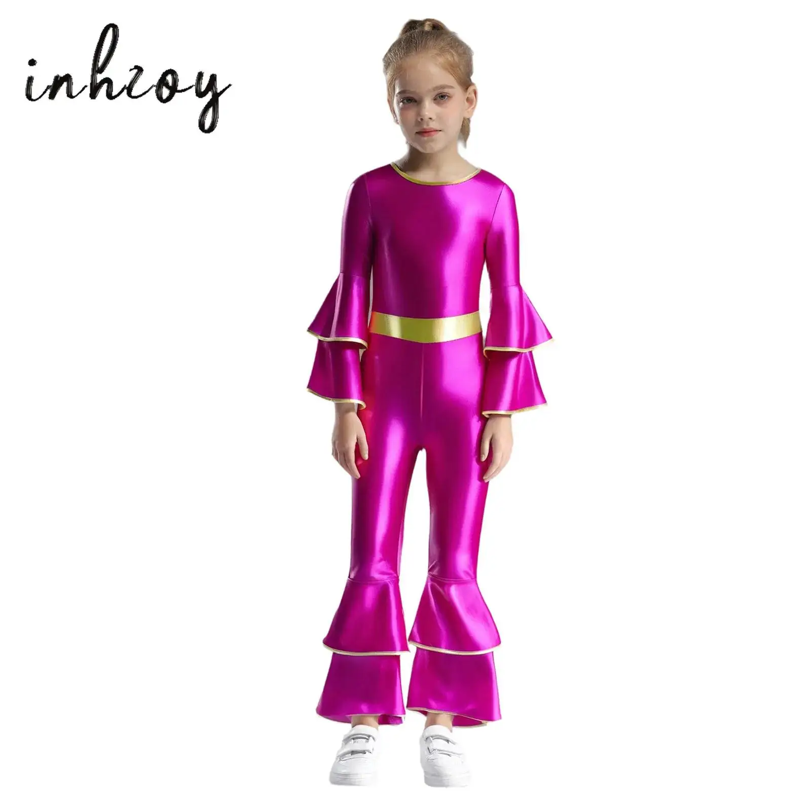 

Girls 70s 80s Disco Dance Costume Shiny Metallic Long Sleeves High Waist Tiered Flared Jumpsuit for Party Jazz Dance Performance