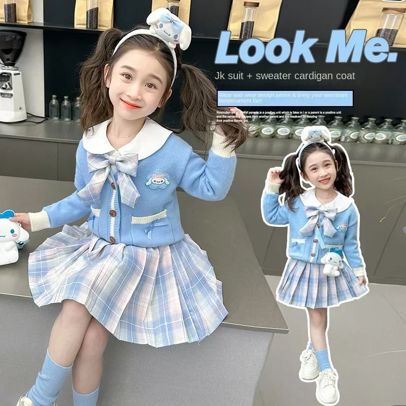 Sanrio Cinnamoroll Children's Cosplay JK Skirt 2024 New College Style Knitted Cardigan Pleated Skirt Three Piece Set Skirt