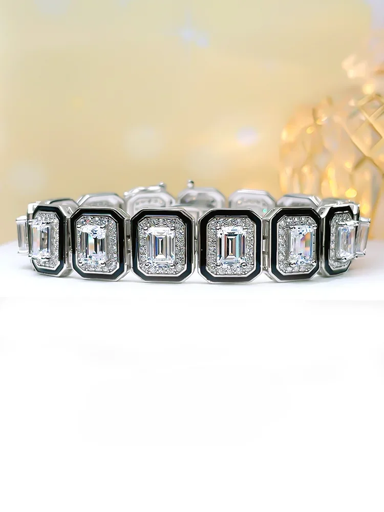 

Light luxury niche emerald cut 925 sterling silver bracelet inlaid with high carbon diamonds, stylish and hot selling