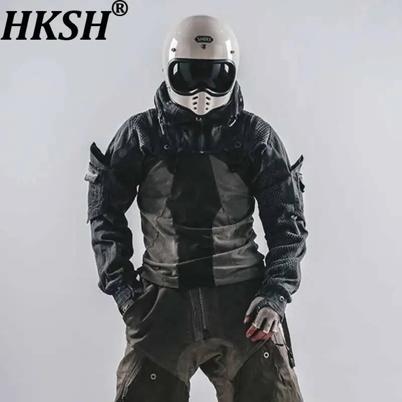 HKSH Autumn Winter New Man Dark Dirty Washed Techwear Apocalyptic Waste Land Hooded Shawl Design Mesh Contrast Color Top HK12674