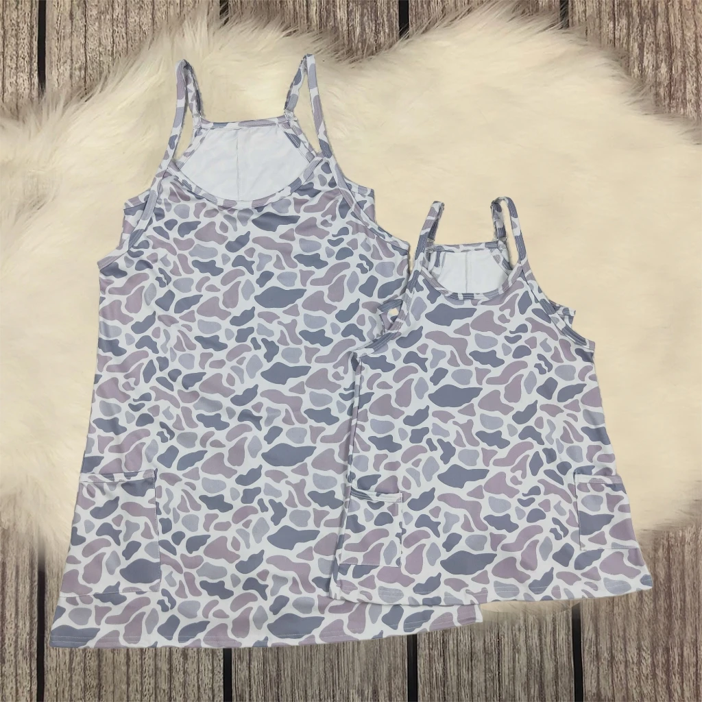

Kids Adult Women Knee Length Straps Grey Camo Dress Baby Girl Shorts Yoga Summer Clothes Active Pockets Clothing Wholesale
