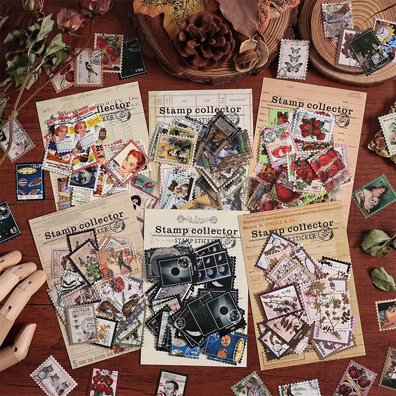 50 pcs Vintage stamp theme Stickers pack Adhesive Diy Stick Labels Scrapbooking material Planner Scrapbooking accessories