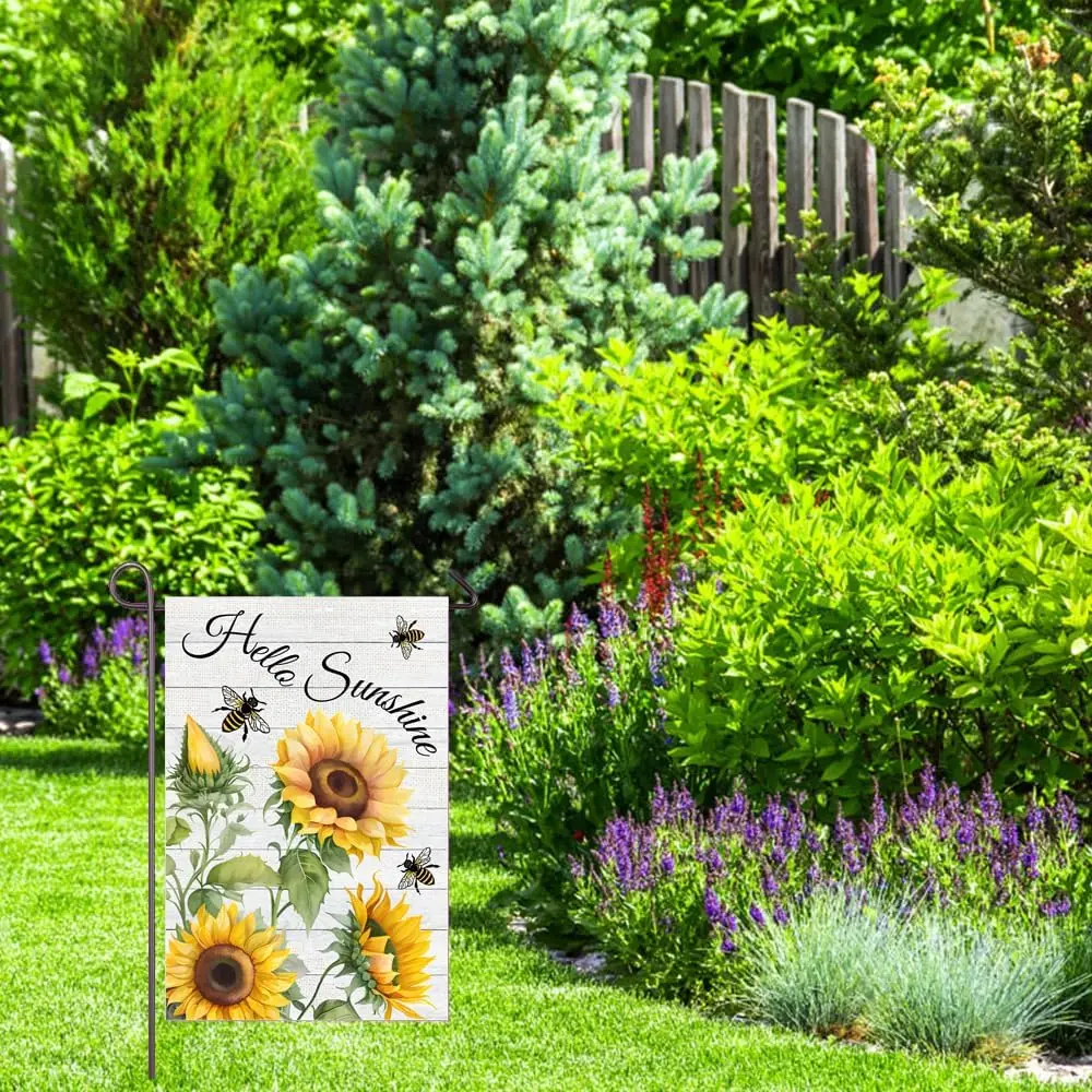Hello Sunshine Garden Flag Summer Sunflowers Bees Yard Flags for Outside 12x18 Inch Double Sided Farmhouse Front Porch Lawn  zzo