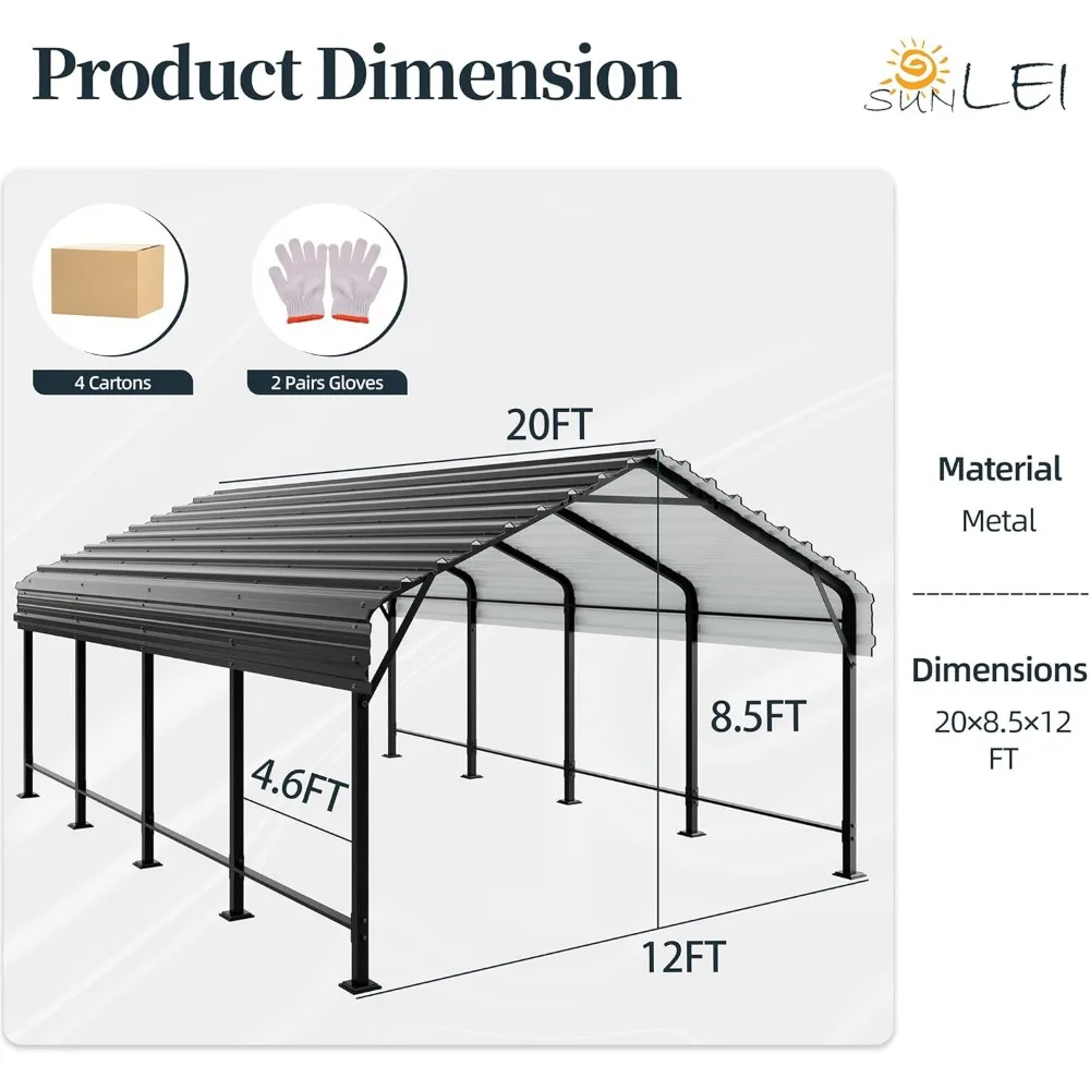 12X20 FT Carport, Heavy Duty Carport Canopy with Galvanized Steel Roof and Frame, Metal Carport Upgraded Extra Large Garage