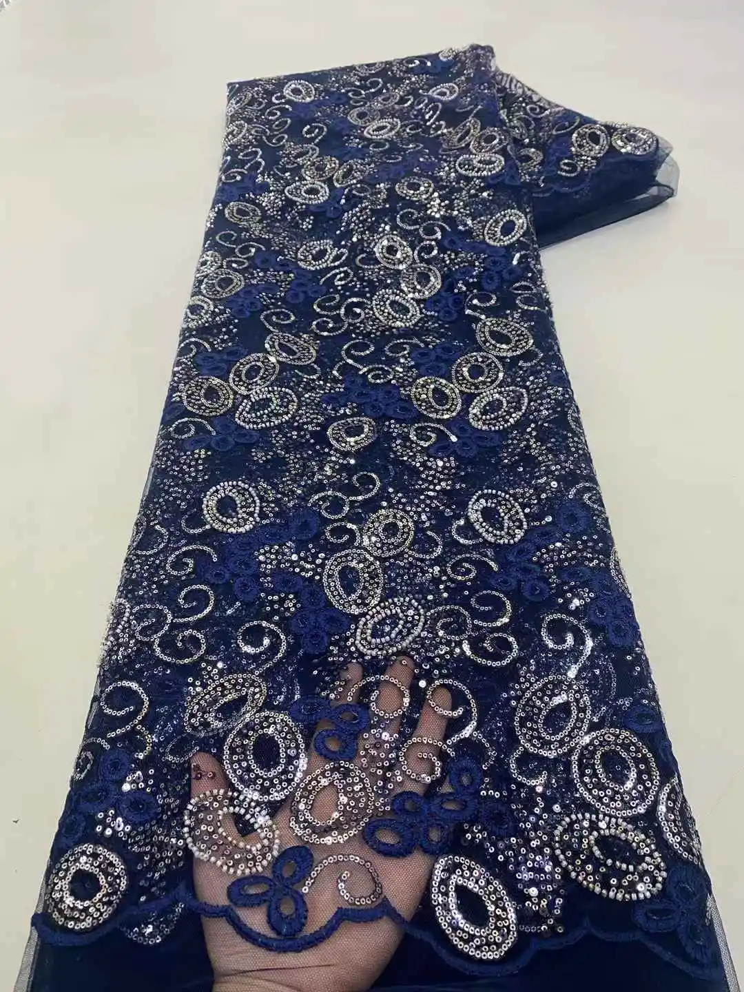 

Shiny Sequins Embellished Mesh Lace Fabric 5 Yards with Beads for Crafting XZXW25060301