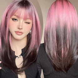 Long Straight Layered Wigs with Bangs Ombre Black to Pink Purple Synthetic Wig Cosplay Lolita Wig for Women Heat Resistant Fiber