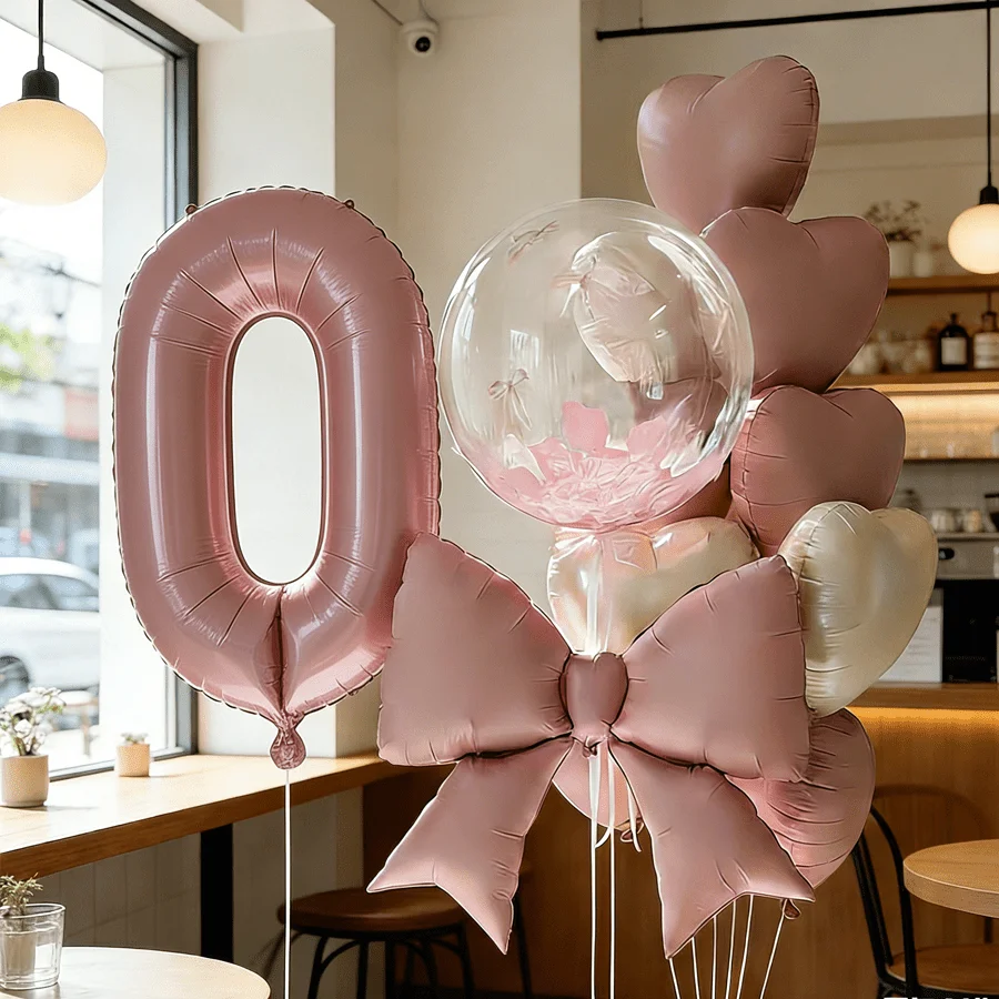 18-teiliges Rosa Geburtstagsparty-Set, 32-Zoll-Zahlen- und 0-9-Folienballons, Transparente, Matte Rosa Schleifen, Macaron- und Creme-Herzballons Deko